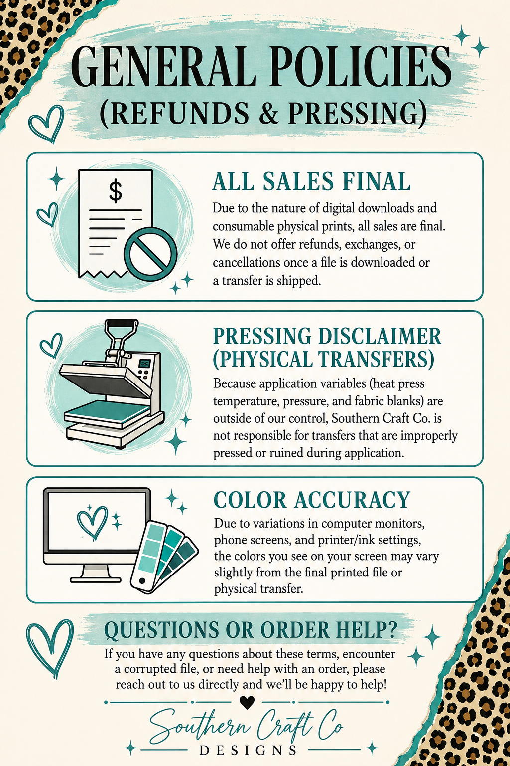 Southern Craft Co. general policies for refunds, pressing, and color accuracy