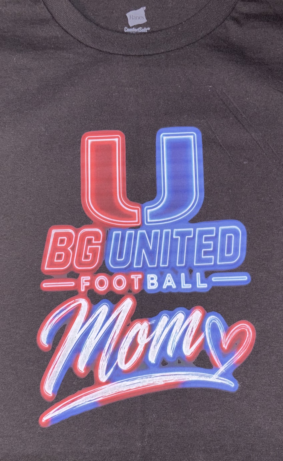 Finished Football Mama shirt with glowing red and blue design