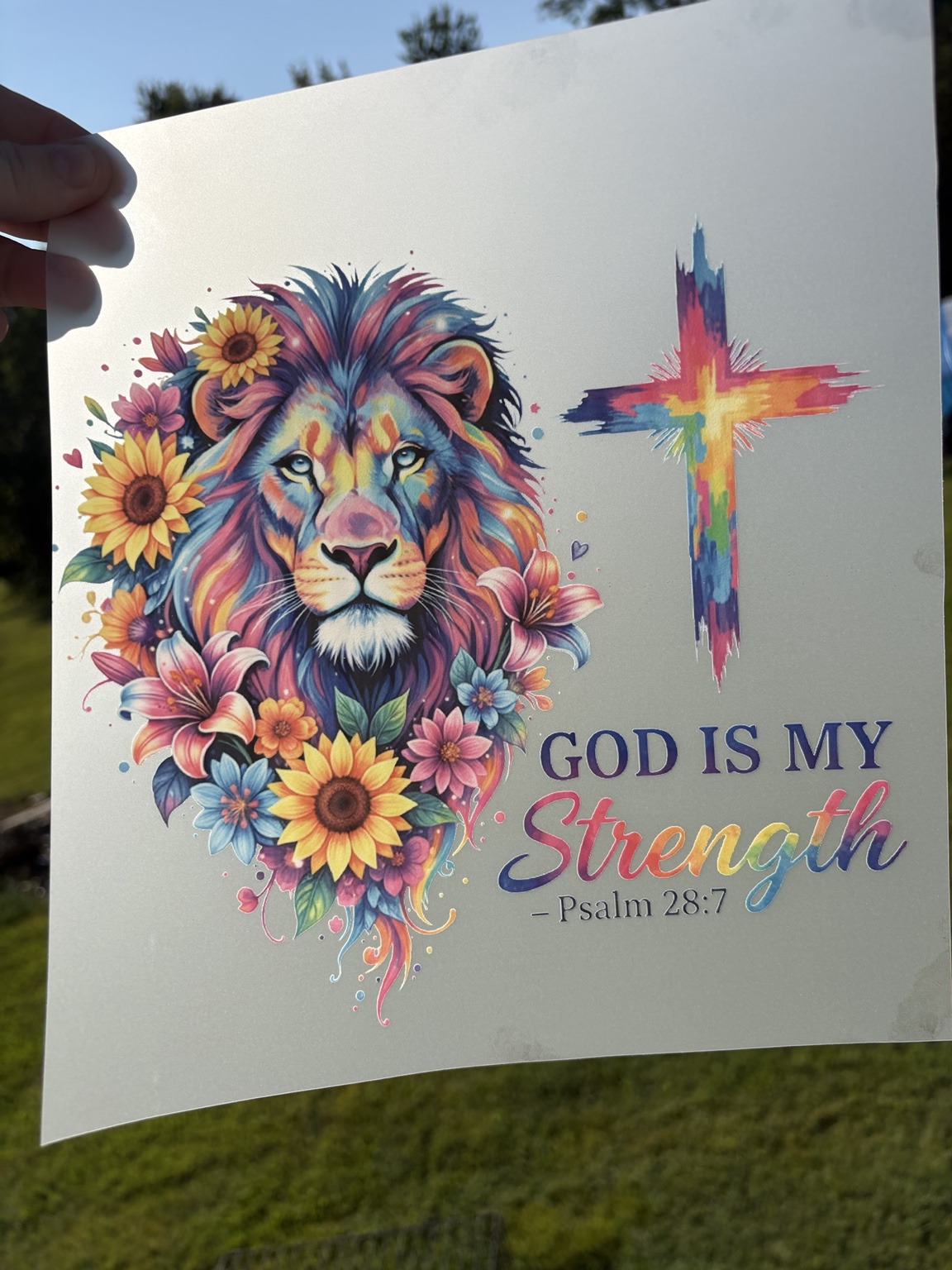Colorful lion and cross God Is My Strength DTF transfer